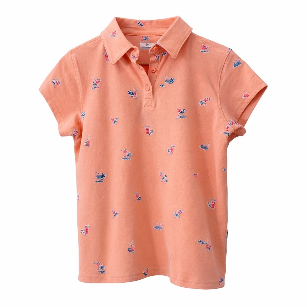Columbia PFG South Sand Point Peach Print Polo Shirt Size Small Fish & Cocktails